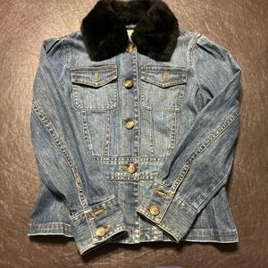 Liz Claiborne Blue Jean Jacket with Black Faux Fur Collar